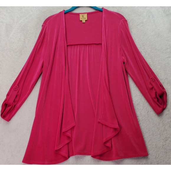 Kasper Cardigan Sweater Womens Size Medium Pink Long Roll Tab Sleeve Open Front - Picture 1 of 7